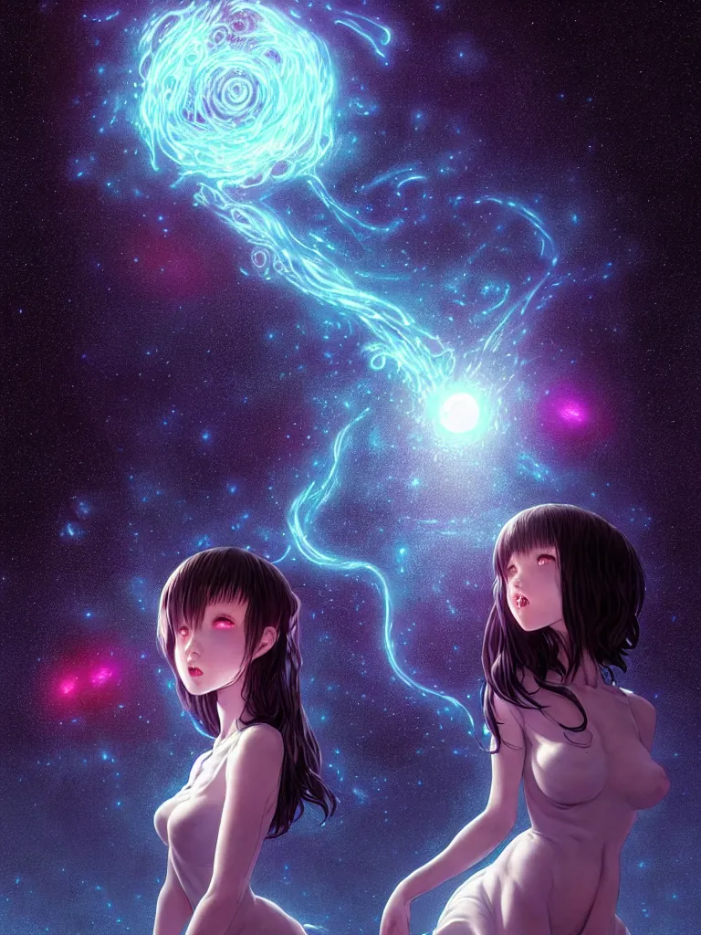 Image similar to azathoth girl talking to you, dress made out milky way, full body, occlusion shadow, specular reflection, rim light, unreal engine, artgerm, artstation, art by hiroaki samura and ilya kuvshinov and ossdraws, intricate, highly detailed 8 k, cosmic horror illustration, extremely beautiful shape of face and body