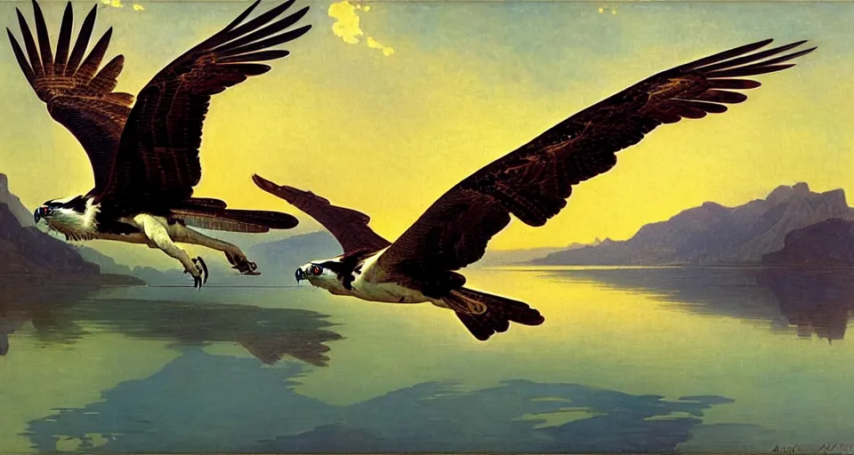 Prompt: an osprey in flight over a spectacular mountain lake at golden hour. art nouveau. surrealism. by albert bierstadt, alphonse mucha and julie dillon.