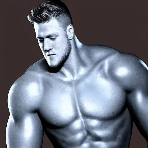 Image similar to “a realistic detailed photo of a guy who is an attractive humanoid who is half robot and half humanoid, who is a male android, football player JJ Watt, shiny skin, posing like a statue, blank stare”