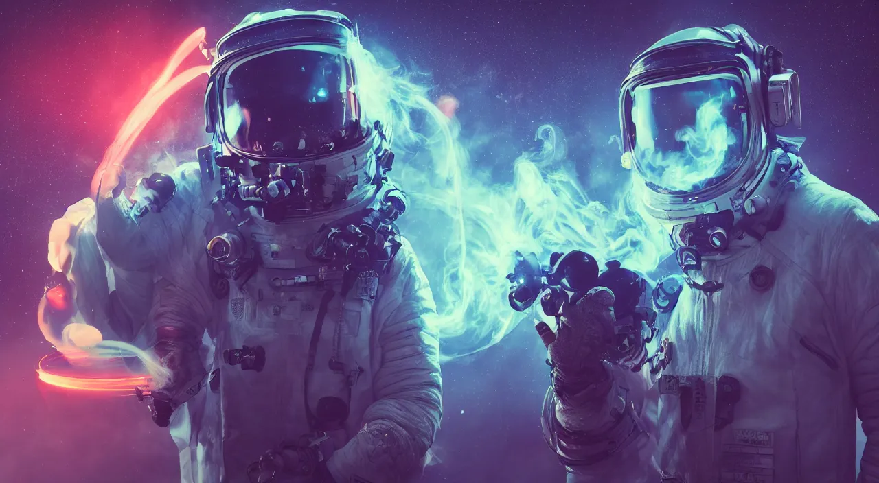 Image similar to a man in a space suit with a smoke bomb in his hand, cyberpunk art by mike winkelmann, shutterstock contest winner, space art, darksynth, retrowave, synthwave