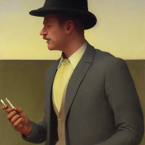 Image similar to a portrait painting of a man in a suit with a skull as his head smoking a cigarette, head is surrounded by clouds, in the style of Edward Hopper and William Adolphe Bouguereau, 4k,