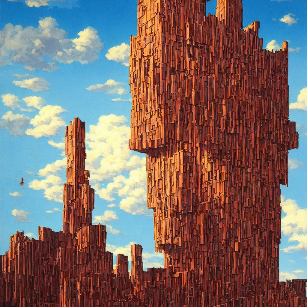 Image similar to a single! colorful! wooden tower clear empty sky, a high contrast!! ultradetailed photorealistic painting by michael whelan, hard lighting, masterpiece