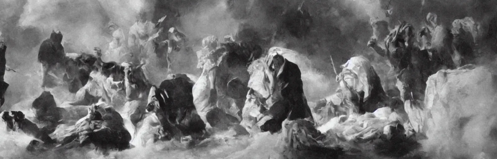 Image similar to world leaders engaging in a clandestine sacrifice of a lamb, dark room, misty dripping from the walls to the floor, in the style of director Ridley Scott