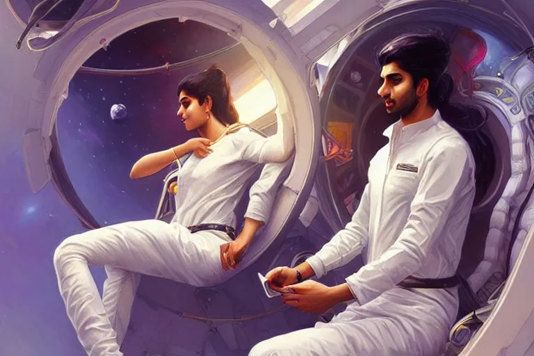 Image similar to Sensual good looking pale young Indian doctors wearing jeans in a space station above Earth, portrait, elegant, intricate, digital painting, artstation, concept art, smooth, sharp focus, illustration, art by artgerm and greg rutkowski and alphonse mucha