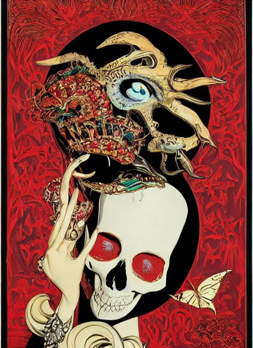 Prompt: a vintage movie poster titled Vulvine of a woman in love with skull oriental, dark, jewels, by Saul Bass, by Georgia o Keeffe, by Yoshitaka Amano, by Gustave Moreau