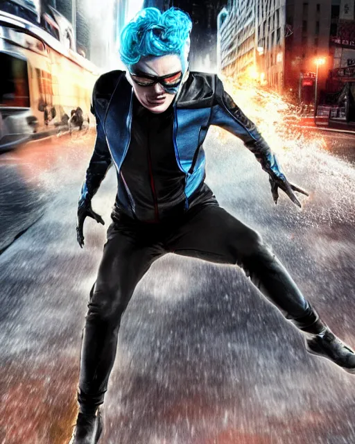 Image similar to evan peters, as quicksilver, racing at hyper speed thru the streets of nyc, trending on artstation, x - men