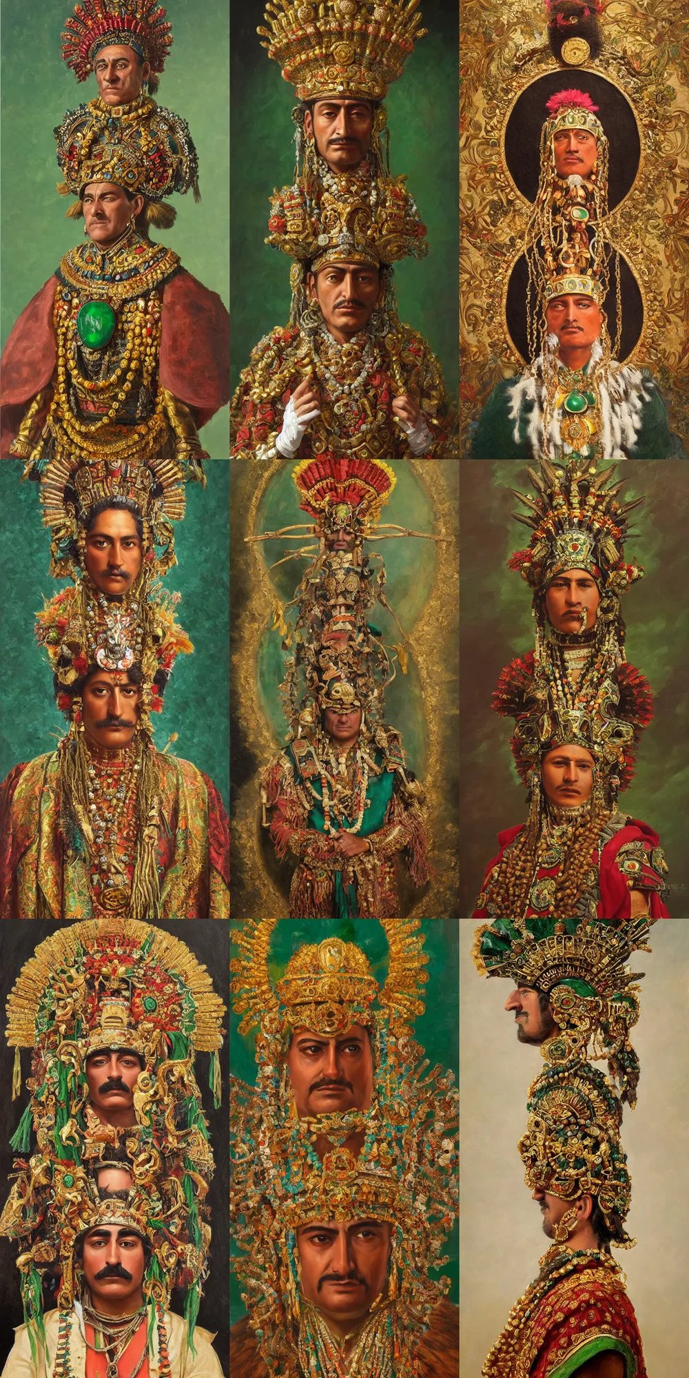 Prompt: a highly detailed romantic period style oil painting of the Aztec emperor Montezuma wearing an ornate jade & gold headdress by Josep Tapiró Baró, trending on artstation, masterpiece, symmetry