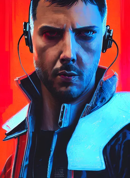 Image similar to cyberpunk character wearing jumpsuit and red jacket and cyberpunk headset. ( blade runner 2 0 4 9, dystopian, cyberpunk 2 0 7 7 character design ). attractive face. portrait by james gurney and laurie greasley, oil on canvas. cinematic, hyper realism, realistic proportions, full view, dramatic lighting, high detail 4 k