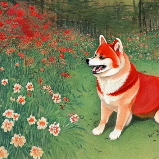 Image similar to a red akita inu wearing a kimono, in a field of flowers, painting in the style of warwick goble, highly detailed