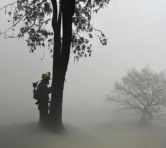 Image similar to stunning award winning photograph of a firefighter spraying water on a burning tree on a foggy night