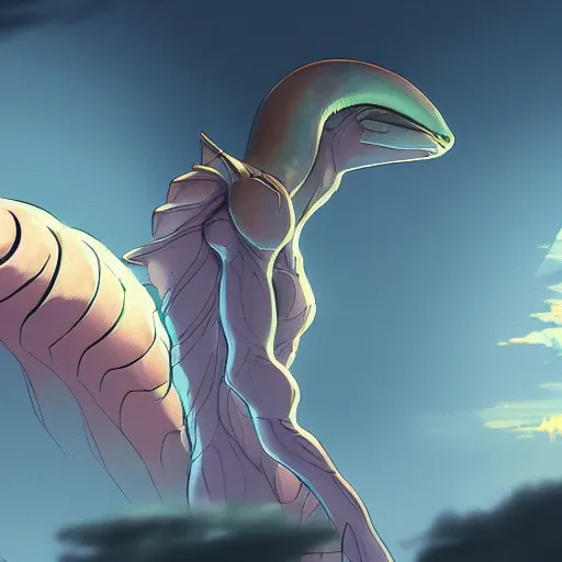 Image similar to concept art painting of an alien animal creature, detailed, cel shaded, in the style of makoto shinkai and moebius and james gurney