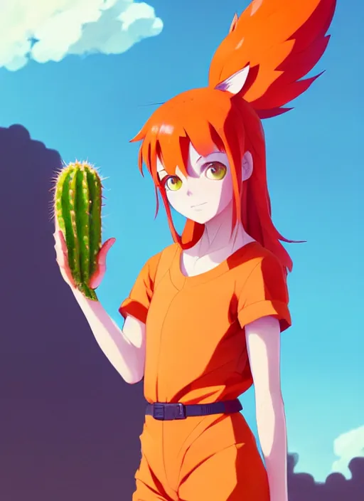 Image similar to portrait of cute redhead girl in orange jumpsuit with fox ears, holding a cactus, cloudy sky background lush landscape illustration concept art anime key visual trending pixiv fanbox by wlop and greg rutkowski and makoto shinkai and studio ghibli