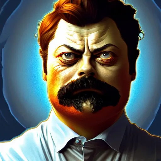 Image similar to nick offerman face inside an orange!, sci - fi and fantasy, intricate highly detailed digital painting, artstation, concept art, smooth and sharp focus, illustration, art by tan zi and ayanamikodon and alphonse mucha and wlop