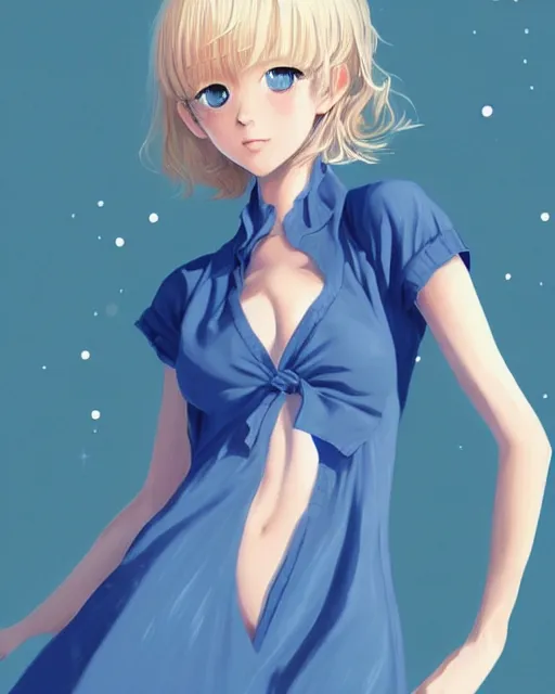 Prompt: infinitely detailed full - body portrait pale female beautiful blonde haired woman with sparkling blue eyes. wearing blue dress, beautiful! scenery art! by wlop & murata range, by ilya kuvshinov. artstation!! / pixiv!!