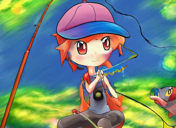 Image similar to pokemon digital art, a female pokemon trainer fishing for Magikarp, anime style digital art