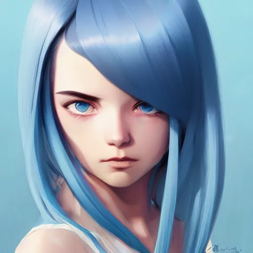 Image similar to ilya kuvshinov with long sky blue hair, gold eyes, boyish face, professional digital painting, concept art, award - winning photography, 8 k, cinematic, wlop, color block, in the background, art by greg rutkowski, pixiv art, yoshitaka amano