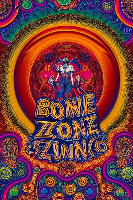 Image similar to Flowing lettering that says The Bozone, Fillmore concert poster for The Bozone by Robert Crumb, by Victor Moscoso, by Laurie Lipton, black light velvet poster, intricate paisley filigree, Bozo the clown. Clown motif, Shiny bulbous red clown nose at the center of an infinite fractal mandala tunnel of clowns, Unreal Engine, Cryengine, Artstation