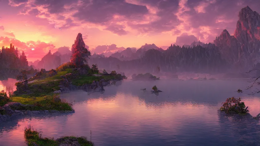 Image similar to amazing landscape with lake in sunset, fantasy artwork, very very very beautiful scenery, hd, hdr, ue5, ue6, unreal engine 5, cinematic 4k wallpaper, 8k, ultra detailed, high resolution, artstation, award winning