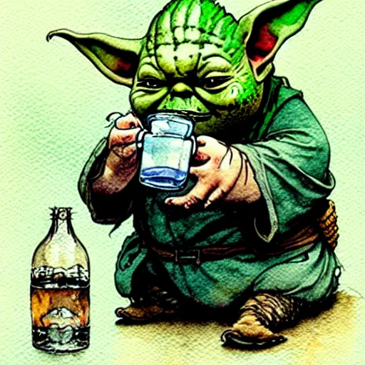 Image similar to a realistic and atmospheric watercolour fantasy character concept art portrait of a fat chibi homeless yoda drinking out of a broken bottle, by rebecca guay, michael kaluta, charles vess and jean moebius giraud