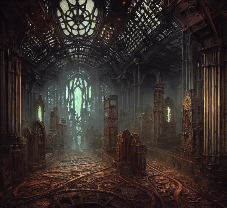 Image similar to steam necropolis, memento mori, gothic, neo - gothic, art nouveau, hyperdetailed copper patina medieval icon, stefan morrell, philippe druillet, ralph mcquarrie, concept art, steampunk, unreal engine, detailed intricate environment, octane render, moody atmospherics, volumetric lighting, ultrasharp, ominous, otherworldly