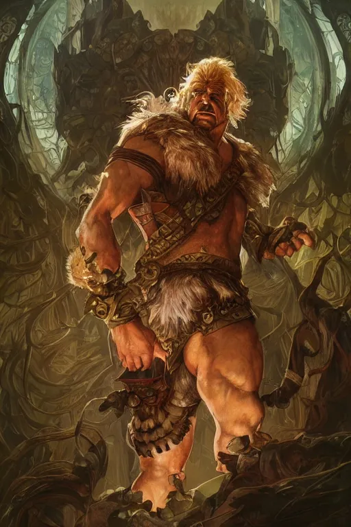 Image similar to portrait of dwarf as a hulking herculean demon, forest, godlike, full body, fantasy, intricate, elegant, highly detailed, digital painting, artstation, concept art, sharp focus, illustration, art by artgerm and greg rutkowski and alphonse mucha