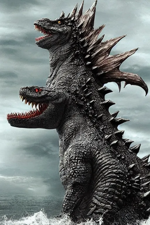 Image similar to Godzilla, kaiju, sea creature, crocodile, sharp teeth, scary look, angry