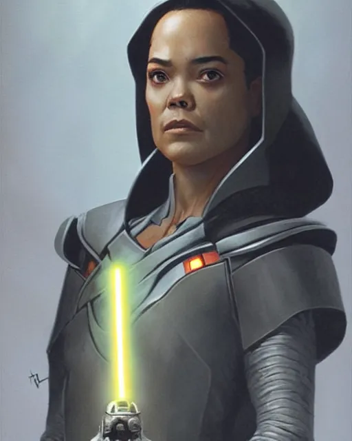 Prompt: tessa thompson as an inquisitor in a star wars movie, evil, villain, sith, concept art by doug chiang and ralph mcquarrie