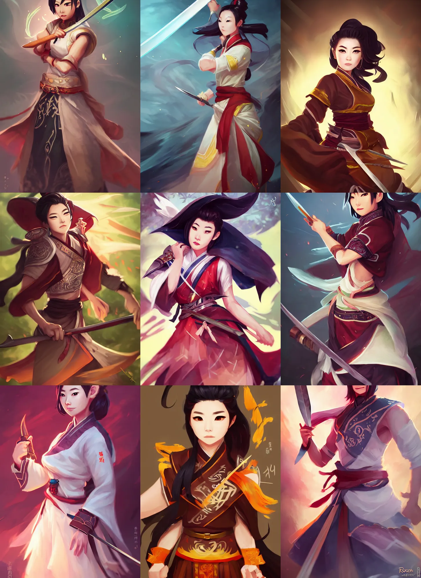 Prompt: a portrait of arden cho chef character with a radiant sword in a fighting stance by ross tran and loish, sharp focus, detailed, cinematic, hanbok apron,