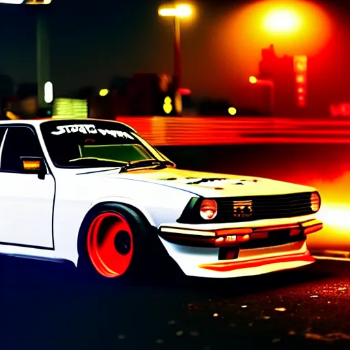 Image similar to a car s30 turbo drift at illegal car meet, Shibuya prefecture, city midnight mist lights, cinematic lighting, photorealistic, highly detailed wheels, high detail