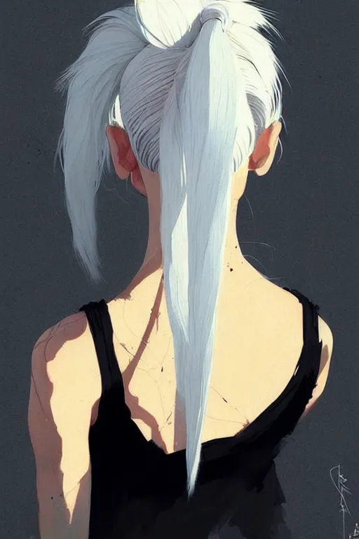 Image similar to a ultradetailed beautiful painting of a stylish woman in with white hair in a ponytail, she is wearing a black tank top, by conrad roset, greg rutkowski and makoto shinkai trending on artstation