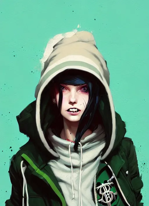 Prompt: highly detailed portrait of a sewer punk lady student, blue eyes, burberry hoody, hat, white hair by atey ghailan, by greg rutkowski, by greg tocchini, by kaethe butcher, gradient green, black, brown, cream and blue color scheme, grunge aesthetic!!! ( ( graffiti tag wall flat colour background ) )