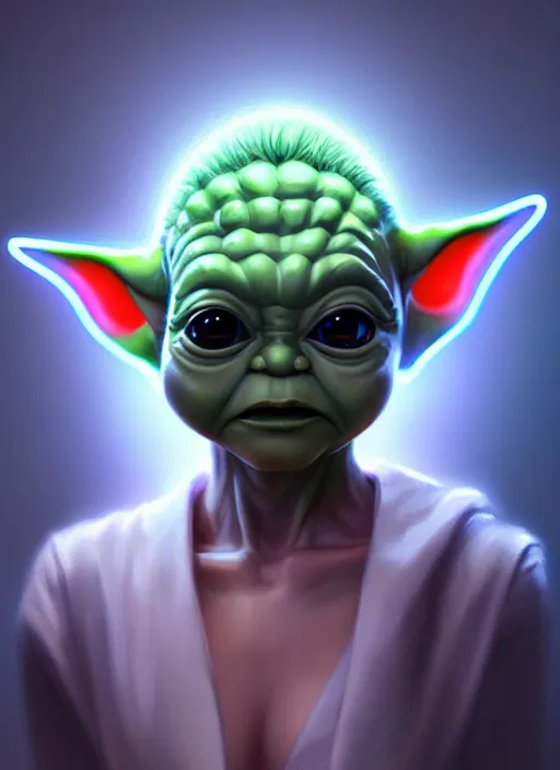 Prompt: portrait of baby yoda cyber humanoid, intricate, elegant, cyber neon lights, highly detailed, digital painting, artstation, glamor pose, concept art, smooth, sharp focus, illustration, art by artgerm and greg rutkowski