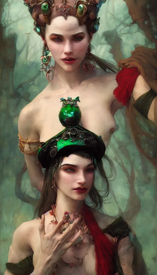 Image similar to epic masterpiece portrait of a female jester, sweaty skin, hyperrealistic, octane render, cinematic, beautiful face and flawless skin, perfect hands, emeralds by Edgar Maxence and Ross Tran and Michael Whelan, Legends of Runeterra