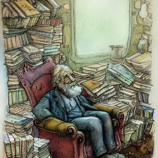 Prompt: whimsical fantastical a muted color watercolor sketch of a old man sitting in big chair next of a fireplace in his whimsical fantastical hobbit house living room surrounded by stacks of books from a whimsical fantastical story book character ifrom the book Baltimore & Redingote by Jean-Baptiste Monge of an old man in the style of by Jean-Baptiste Monge that looks like its by Jean-Baptiste Monge and refencing Jean-Baptiste Monge