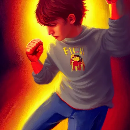 Image similar to colorful and festive captivating young child boy, brown fluffy hair, wearing red and yellow clothes, shooting a yellow energy sphere out of his fist. full body, rich vivid colors, ambient lighting, dynamic lighting, 4 k, atmospheric lighting, painted, intricate, highly detailed by charlie bowater