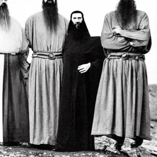 Prompt: super tall breton monks with short village ritualist pagan woman looking like rasputin