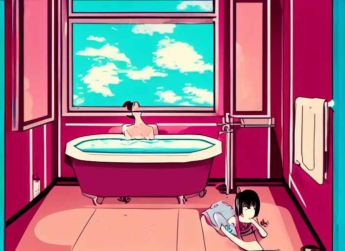 Image similar to girl in bathtub, bathroom, boring, anime, 1 9 9 0 s, retro style, aesthetic, chill, room