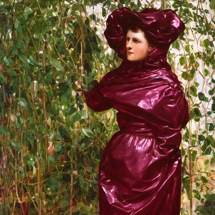 Image similar to closeup portrait of a woman wrapped in burgundy cellophane, standing in an overgrown greenhouse, color photograph, by john singer sargent, canon eos c 3 0 0, ƒ 1. 8, 3 5 mm, 8 k, medium - format print