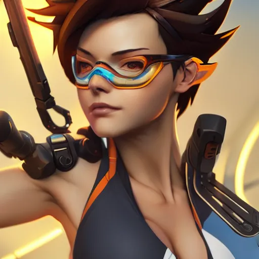 Image similar to overwatch tracer in a bikini, digital art, pretty face, very beautiful face, very detailed eyes, 8 k resolution, by wlop, greg rutkowski, full body