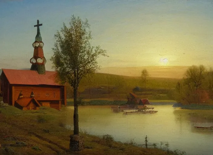 Prompt: the small wooden villages of siberia, russia with a wooden orthodox church in the middle, on mass in the style of hudson river school of art, oil on canvas