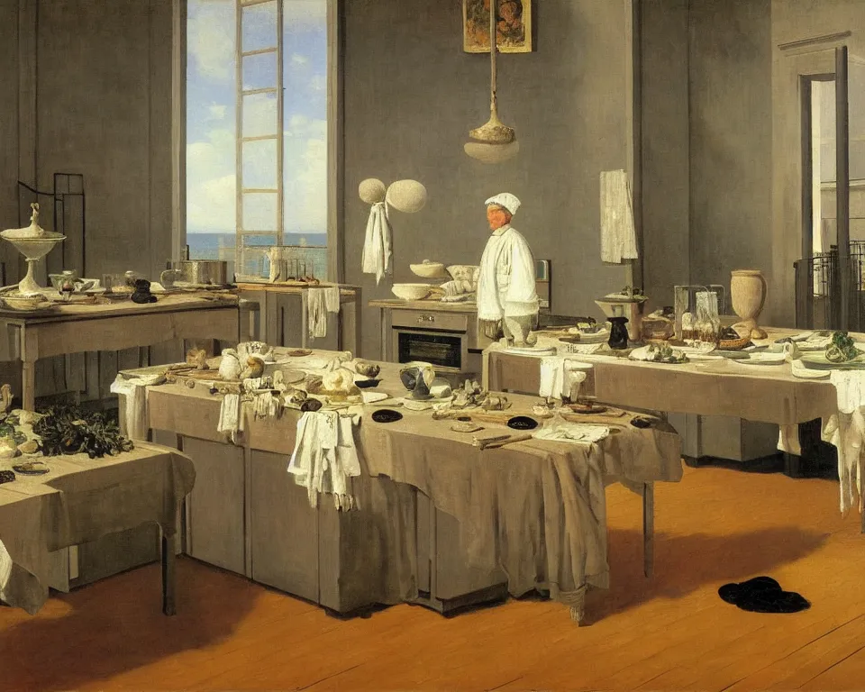 Image similar to achingly beautiful painting of a sophisticated, well - decorated chef's kitchen on warm background by rene magritte, monet, and turner. giovanni battista piranesi.