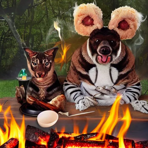 Image similar to animals sit around the fire and fried chicken in disney styles