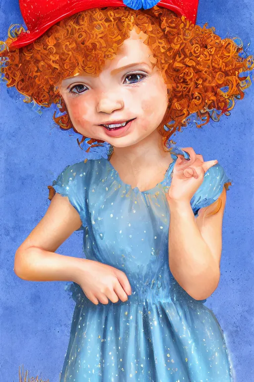 Prompt: a digital matte painting greeting card style of an small cute girl, with curly red hair, freckles, blue frilly dress and hat whimsical, by magali villeneuve