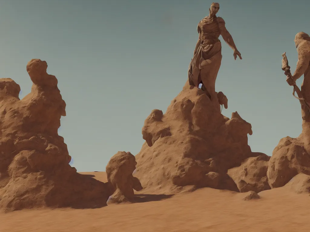 Prompt: Giant statue above the crypt in the desert covered by sand. Dramatic, Cinematic, ArtStation, realistic photograph, ambient, light shades of colors, Unreal Engine 5, rendered by Octane.