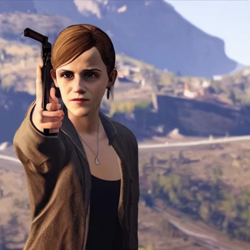 Prompt: Screenshot of Emma Watson holding a pistol in GTA 5