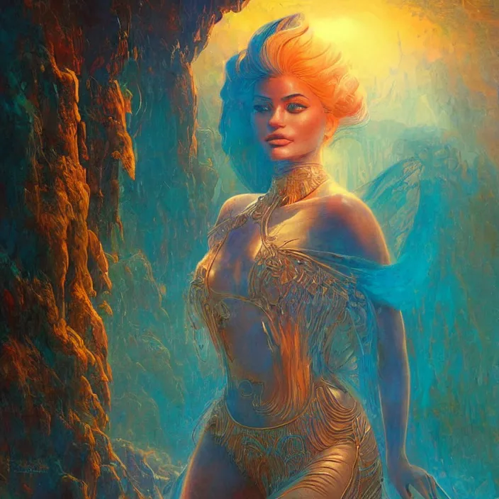 Prompt: kylie jenner as a goddess, abstract, concept art, digital painting, ornate, backlit, bokeh, deep aura, slight glow, by bruce pennington, by wayne barlowe