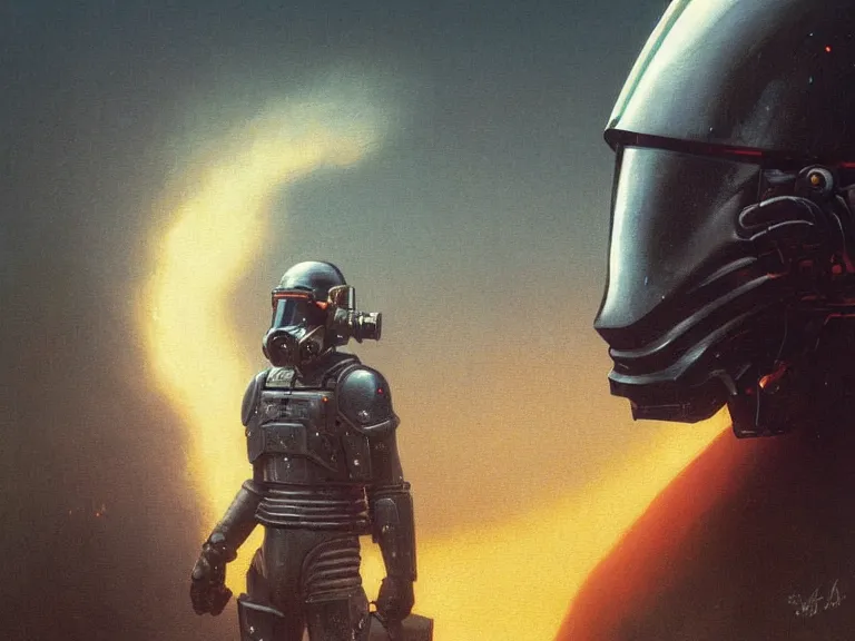 Image similar to a detailed profile portrait painting of a bounty hunter in combat armour and visor gazing into the sky. Smoke. cinematic sci-fi poster. Cloth and metal. Welding, fire, flames, samurai Flight suit, accurate anatomy portrait symmetrical and science fiction theme with lightning, aurora lighting clouds and stars. Clean and minimal design by beksinski carl spitzweg moebius and tuomas korpi. baroque elements. baroque element. intricate artwork by caravaggio. Oil painting. Trending on artstation. 8k