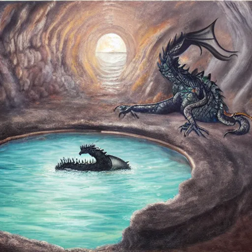 Prompt: highly detailed oil painting of a hotspring in a quartz cave with a black dragon sitting in the middle of it