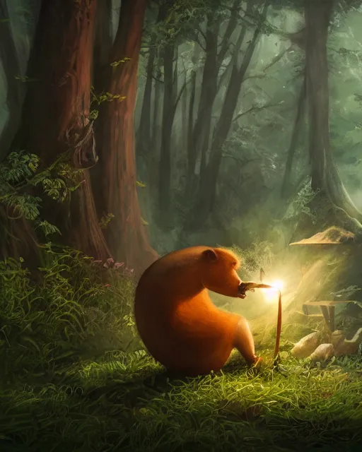 Image similar to Capybara playing Lute, wearing dress, looking majestic in forest, portrait, magic the gathering artwork, D&D, fantasy, cinematic lighting, centered, symmetrical, highly detailed, digital painting, artstation, concept art, smooth, sharp focus, illustration, volumetric lighting, epic Composition, 8k, art by Akihiko Yoshida and Greg Rutkowski and Craig Mullins, oil painting, cgsociety