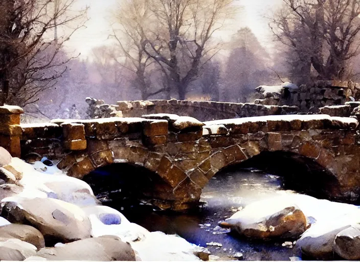 Image similar to watercolor of rustic stone bridge winter landscape, glistering, high detailed art by dennis miller bunker, work by anders zorn, wonderful masterpiece by greg rutkowski, beautiful cinematic light, american romanticism by greg manchess, creation by tyler edlin